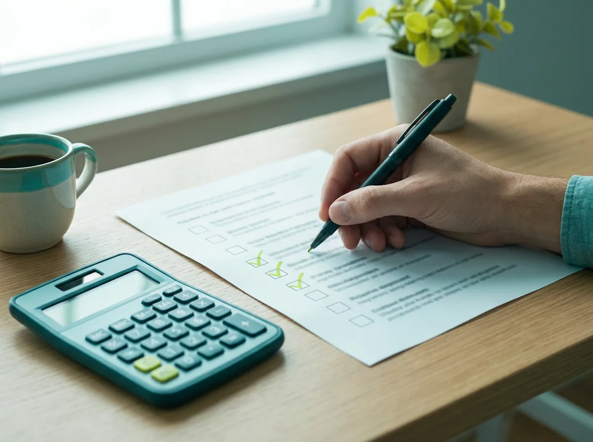 Mână bifând puncte pe o listă de verificare tipărită, simbol pentru checklist bonus