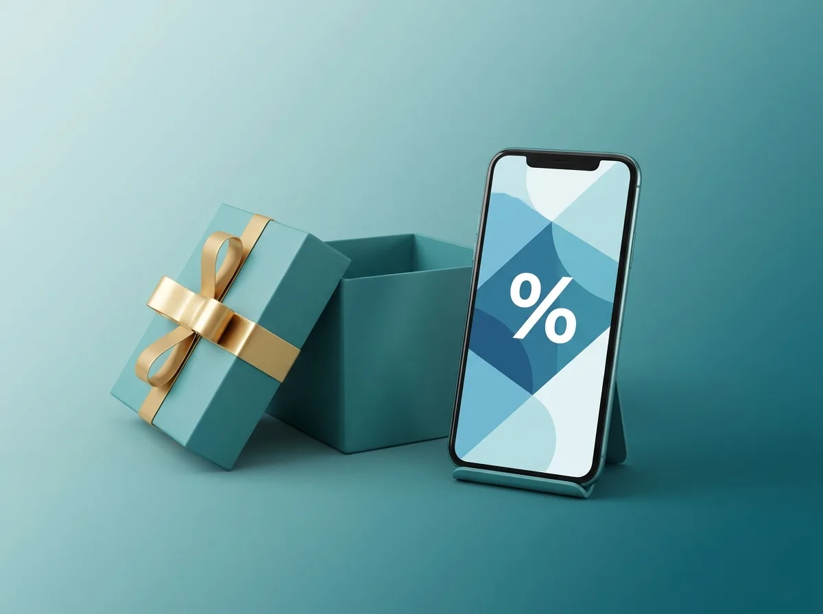 Cutie cadou deschisă lângă un telefon cu simbol procentaj, simbol pentru bonus fără depunere